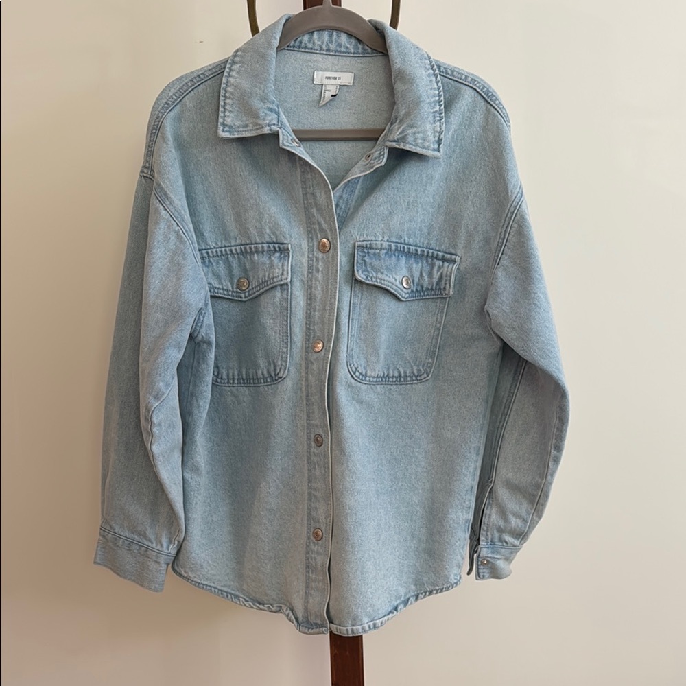 Forever 21 Oversize Light Blue Denim Jacket, Snap Closure